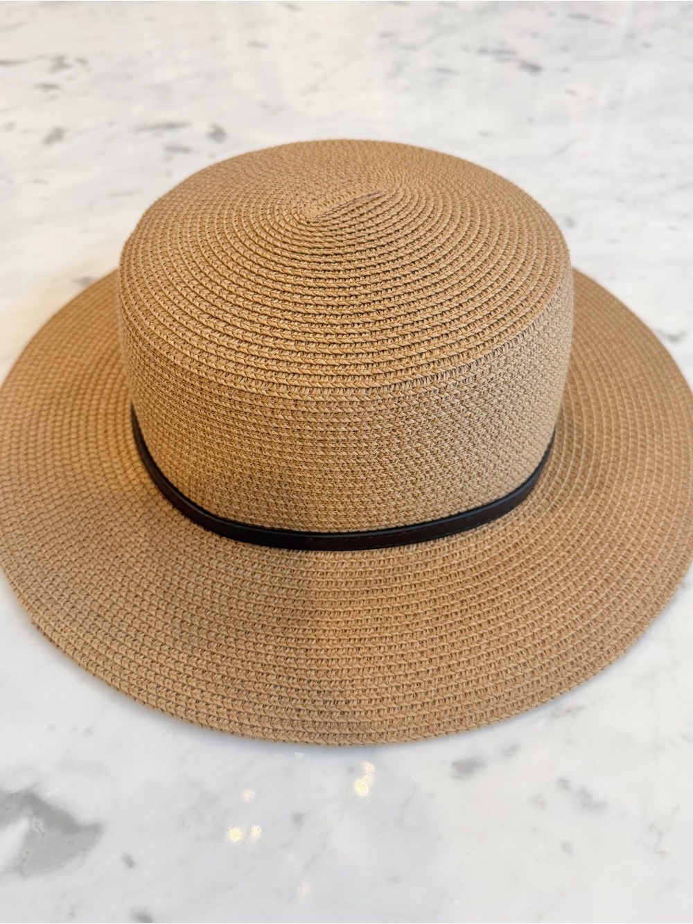 NotPrada Tan Straw Fedora with Black Trim and Logo Plaque - Picture 5 of 6